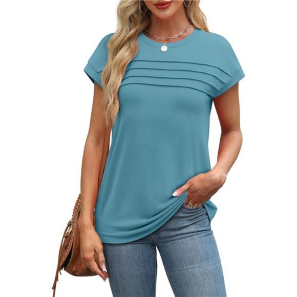 Pleated Cap Sleeve Top – Flowy Casual Tee for Women - Picture 2 of 6